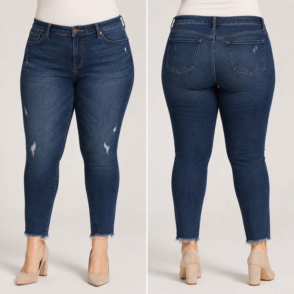 Spanx Skinny Jeans Womens‎ 1X Plus Dark Wash Distressed Frayed Hem Pull On Denim